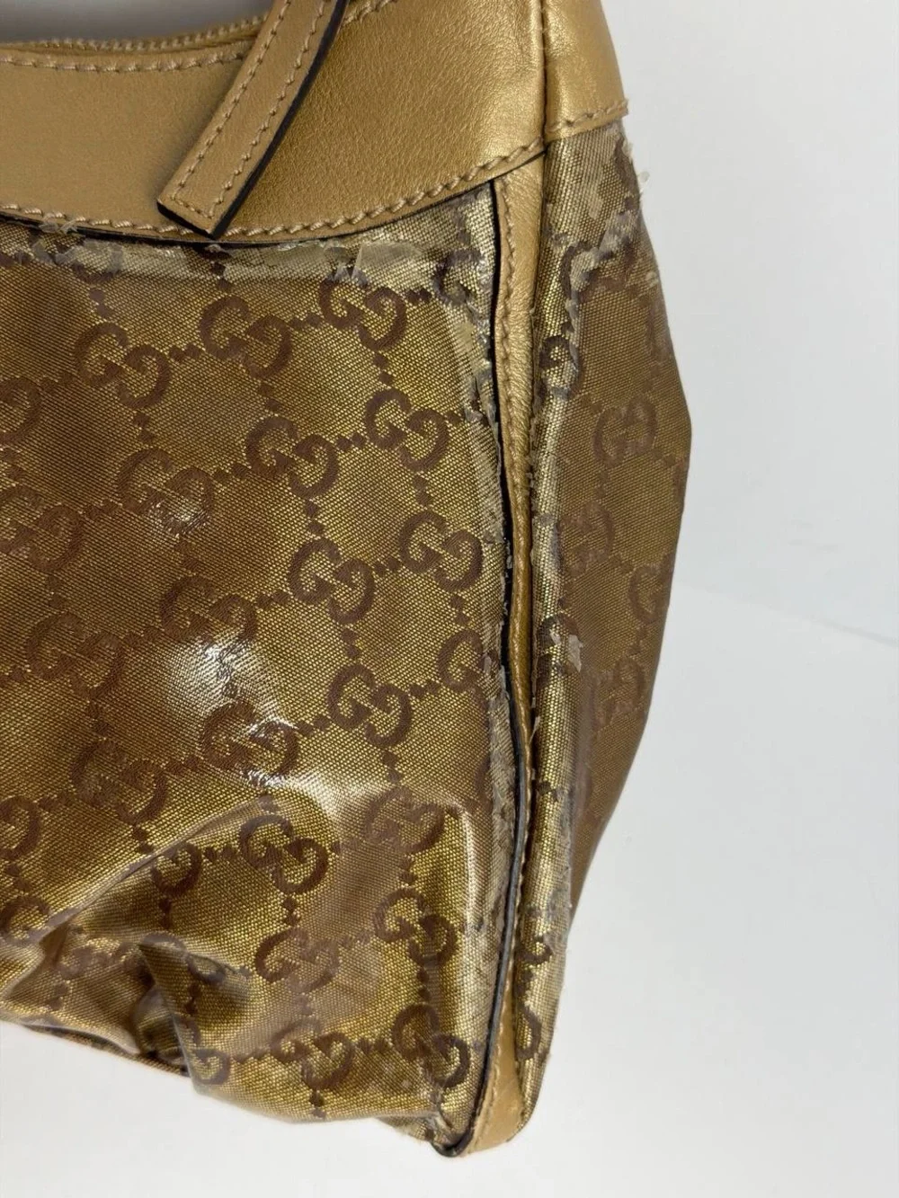 Gucci Abby Gold Leather Coated Monogram Canvas Hobo Shoulder Bag - Picture 9 of 16